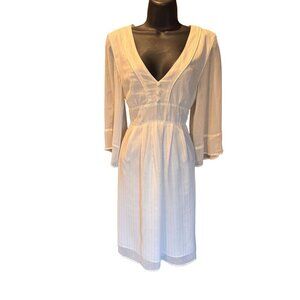 Tulle Womens Ivory V-Neck Dress With Belt & Button Detail 3/4 Sleeves - L